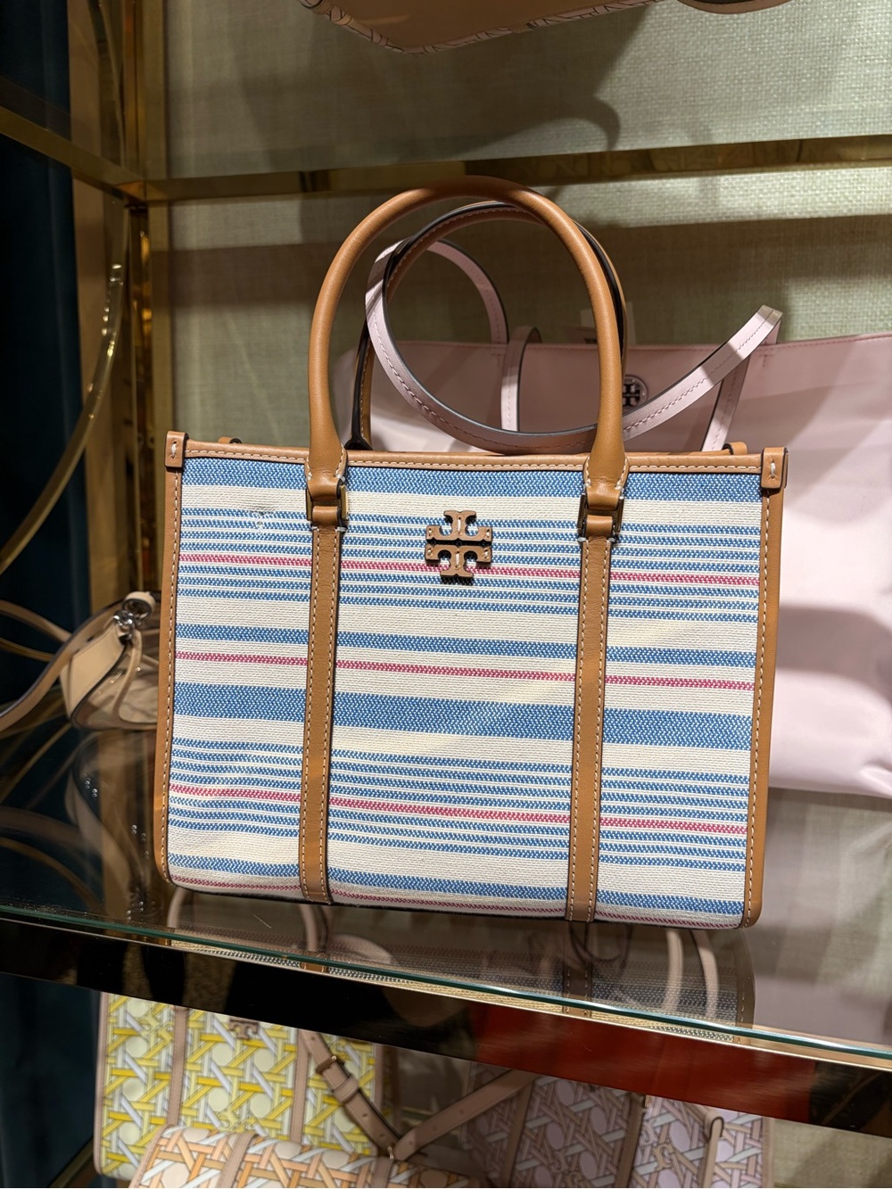 Tory Burch brake Striped Canvas Tote with Tan Leather in blue color new